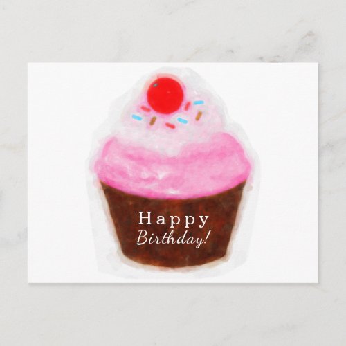 Big Cupcake  Cherry Watercolor Happy Birthday Postcard