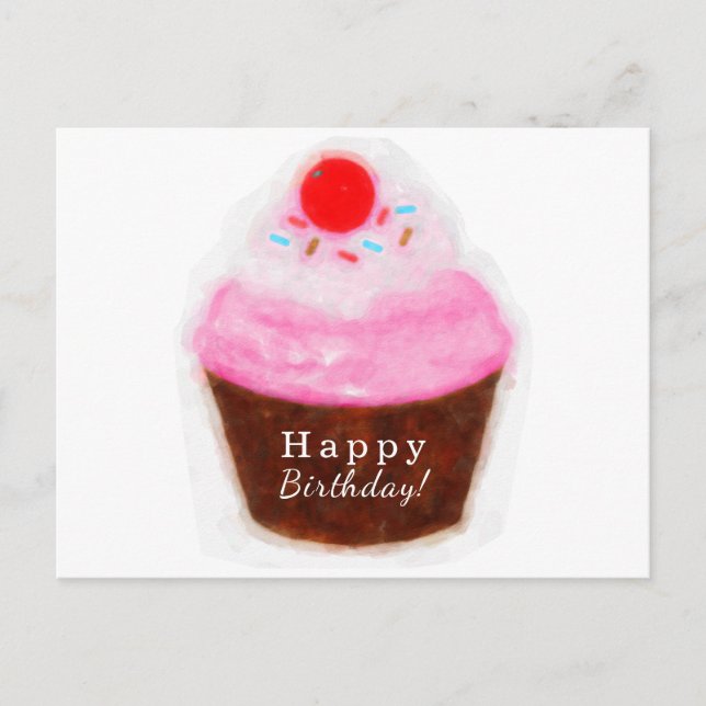 Big Cupcake & Cherry Watercolor Happy Birthday Postcard (Front)