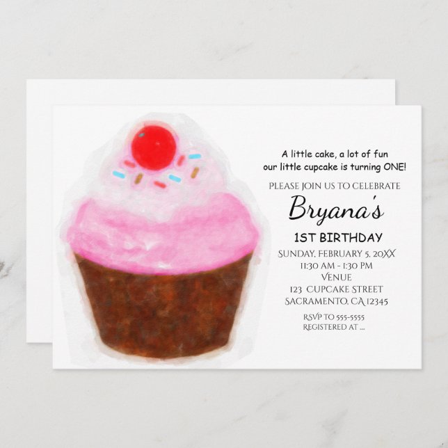 Big Cupcake & Cherry Watercolor Party Invitations (Front/Back)
