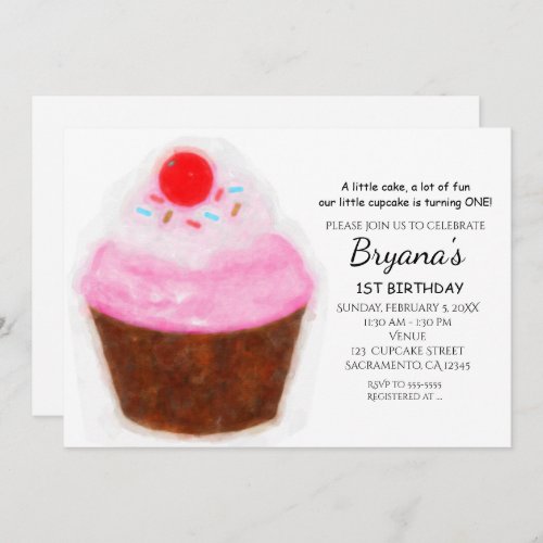 Big Cupcake  Cherry Watercolor Party Invitations