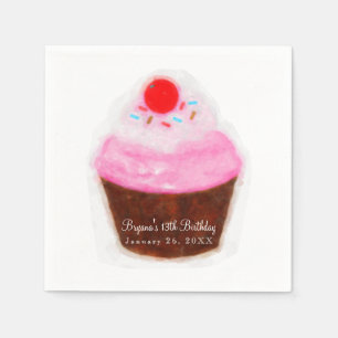 Big Cupcake & Cherry Watercolor Party Paper Napkins