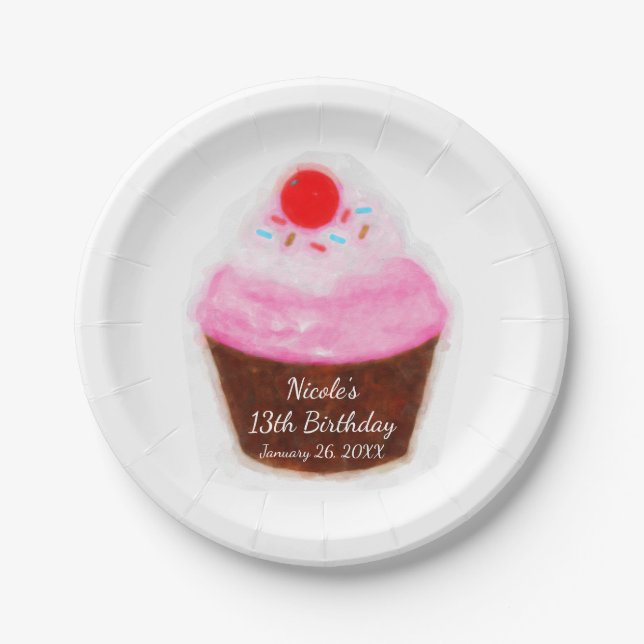 Big Cupcake & Cherry Watercolor Party Paper Plates (Front)