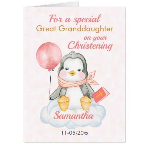 Big Cute Christening Great Granddaughter Penguin Card