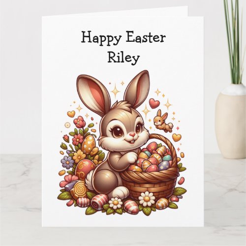 Big Cute Vintage Easter Bunny Basket and Eggs Card