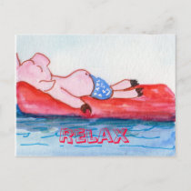 Big Daddy Pig Floating on Raft at Beach Postcard