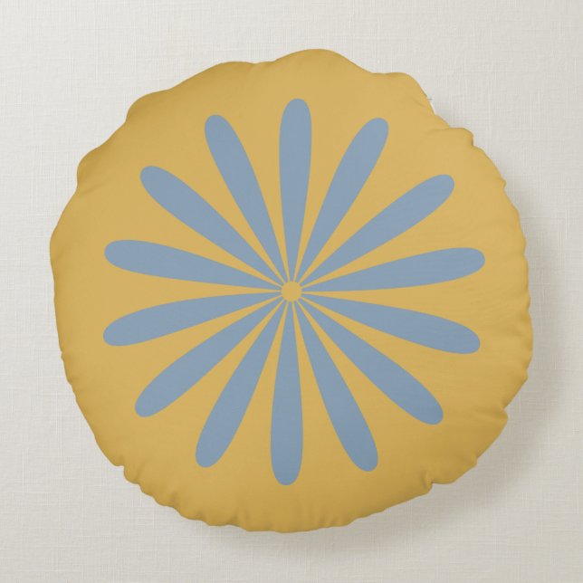 Big Daisy Retro Minimal Flower Light Blue Mustard Round Pillow (Back)