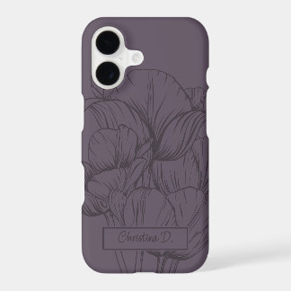 Big Dark Tulips Line Drawing on Dusty Plum w Name iPhone 17 Case