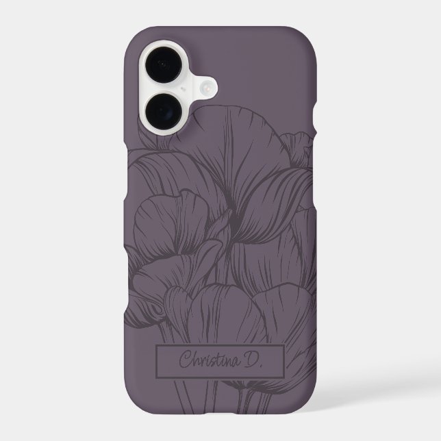 Big Dark Tulips Line Drawing on Dusty Plum w Name iPhone Case (Back)