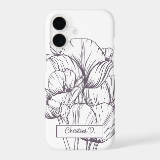 Big Dark Tulips Line Drawing on Dusty Plum w Name iPhone 17 Case