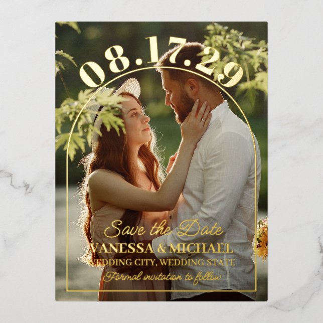 Big Date Simple Gold Foil Arch Save the Date Invitation Postcard (Front)