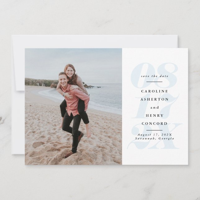 Big day bold date light blue photo save the date (Front)
