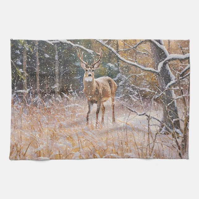 Big Deer Buck in Snow Falling Art Kitchen Towel (Horizontal)