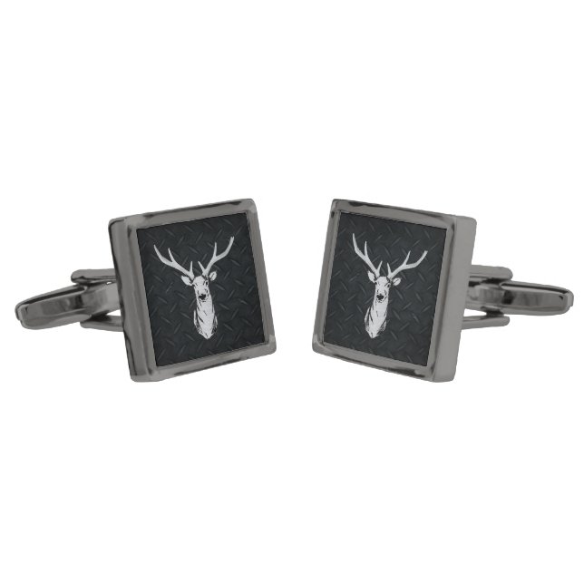 Big Deer Hunting Black Diamond Plate Wedding Cufflinks (Angled)