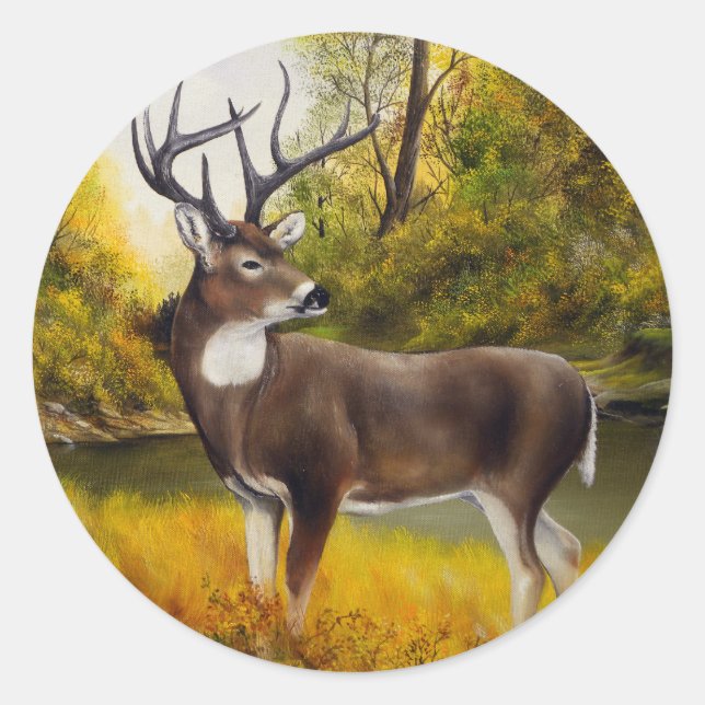 Big Deer standing in grove on customizable product Classic Round Sticker (Front)