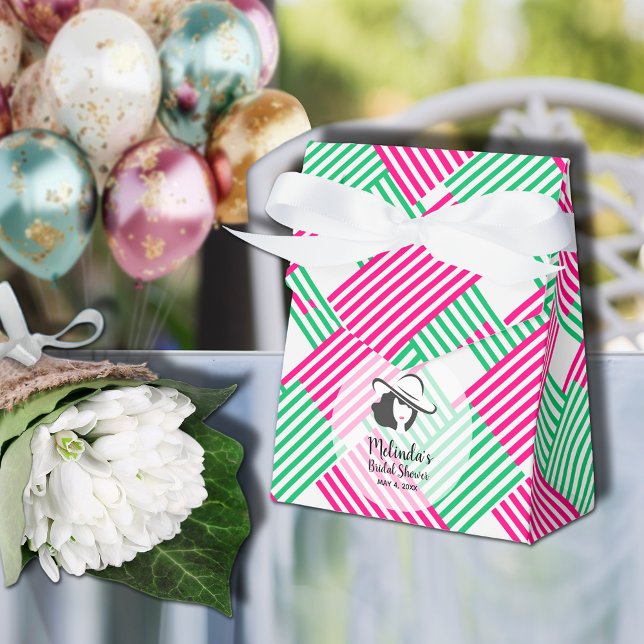 Big Derby Hat Lady Hot Pink Green Stripes Tent Favor Boxes (Big Derby hat lady on hot pink and green diagonal stripes ribboned tent style shower favor boxes)