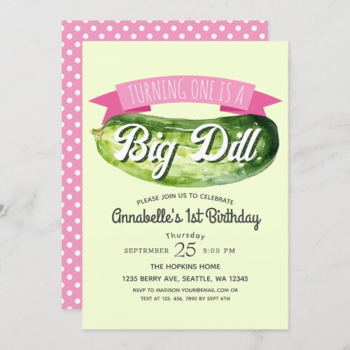Big Dill Pickle Girls Kids 1st Birthday  Invitation