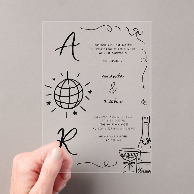 Big Disco Monogram French Fun Hand Drawn Wedding Acrylic Invitations (Insitu (Handheld))
