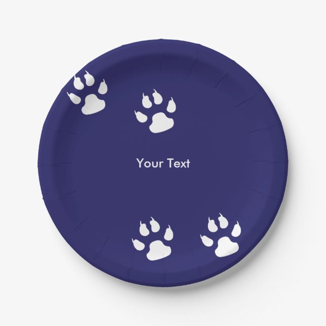 Big Dog Paw Prints on Blue Paper Plates (Front)