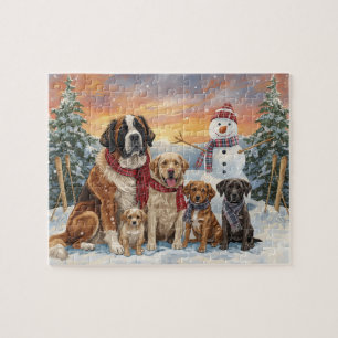 Big Dogs Small Dogs Winter Snowman Art Jigsaw Puzzle