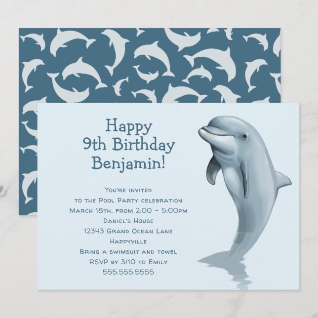 Big Dolphin Kids Birthday Party  Invitation (Front/Back)