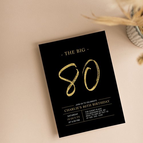 Big Eighty  Gold  Black 80th Birthday Party Invitation