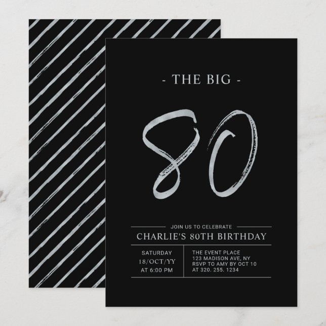 Big Eighty | Silver & Black 80th Birthday Party Invitation (Front/Back)