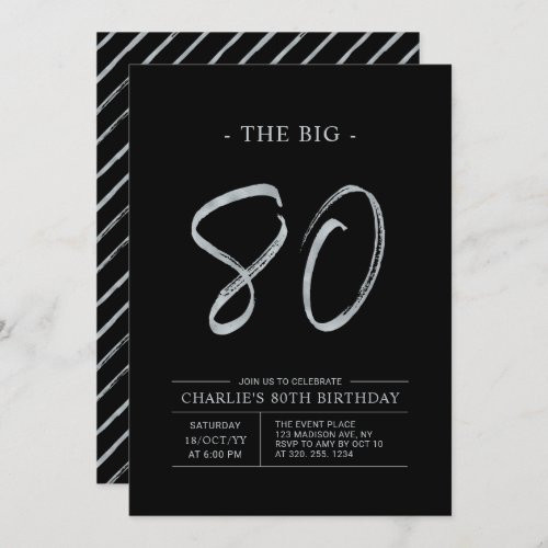 Big Eighty  Silver  Black 80th Birthday Party Invitation