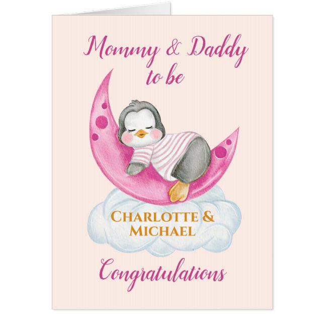 Big Expecting Parents Mommy & Daddy To Be Pink Card (Front)