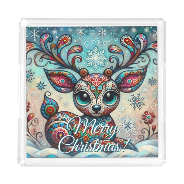 Big Eye Christmas Reindeer Folk Art Personalized Acrylic Tray (Front)