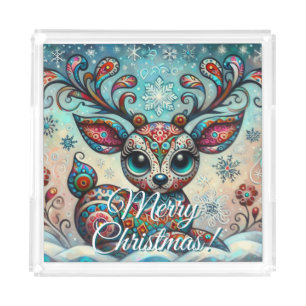 Big Eye Christmas Reindeer Folk Art Personalized Acrylic Tray