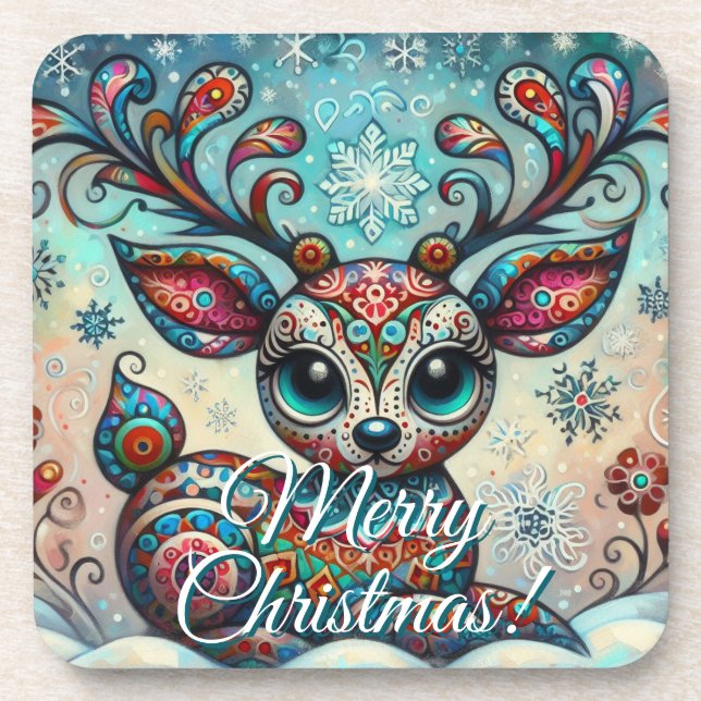 Big Eye Christmas Reindeer Folk Art Personalized Beverage Coaster (Front)