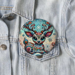 Big Eye Christmas Reindeer Folk Art Personalized Button
