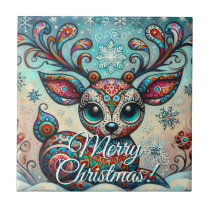 Big Eye Christmas Reindeer Folk Art Personalized Ceramic Tile