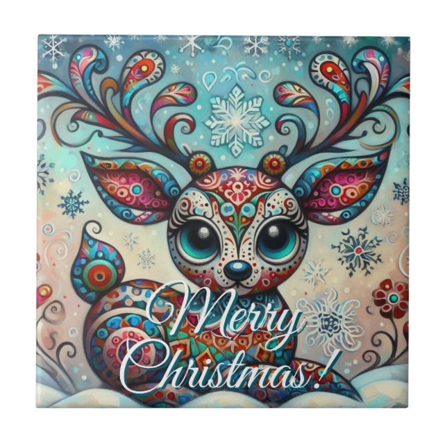Big Eye Christmas Reindeer Folk Art Personalized Ceramic Tile (Front)