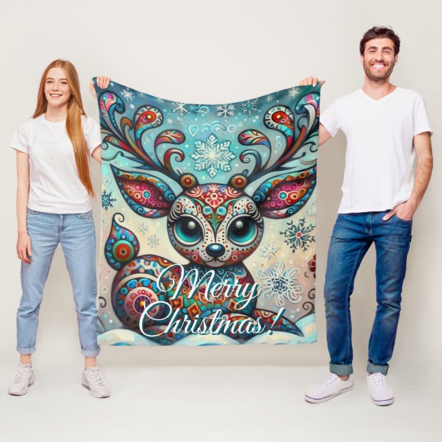 Big Eye Christmas Reindeer Folk Art Personalized Fleece Blanket (In Situ)
