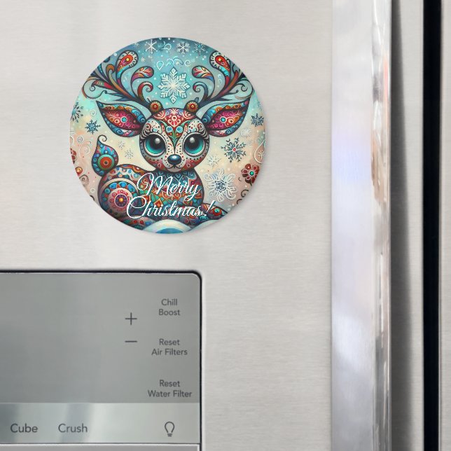 Big Eye Christmas Reindeer Folk Art Personalized Magnet (In Situ (Fridge))