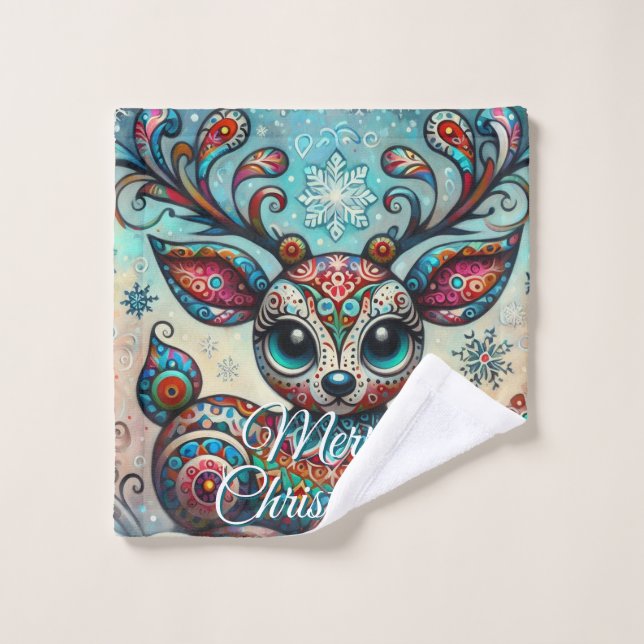 Big Eye Christmas Reindeer Folk Art Personalized Wash Cloth (Wash Cloth)