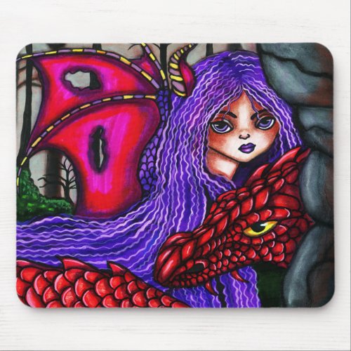 Big Eye Fairy Girl Red Dragon Art Mouse Pad