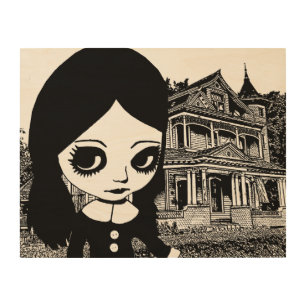Big eye Goth girl Haunted house Original art