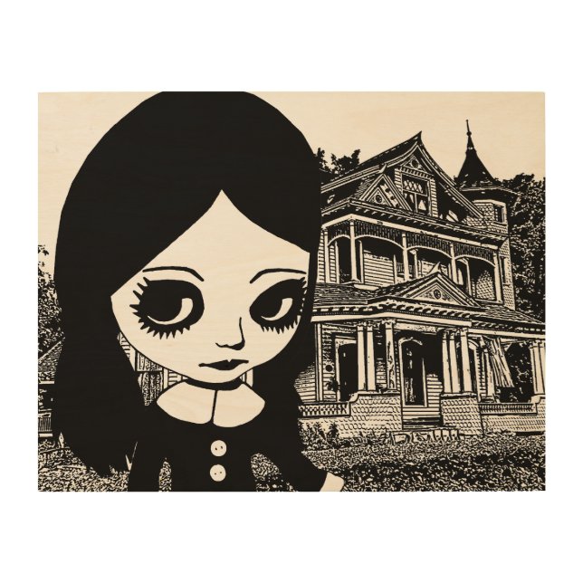 Big eye Goth girl Haunted house Original art  (Front)