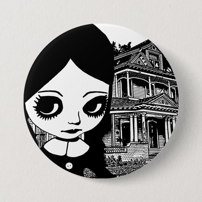 Big eye Goth girl Haunted house Original art   Button (Front)
