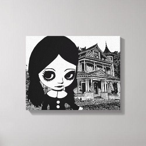 Big eye Goth girl Haunted house Original art  Canvas Print