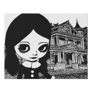 Big eye Goth girl Haunted house Original art Faux Canvas Print