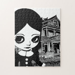 Big eye Goth girl Haunted house Original art Jigsaw Puzzle
