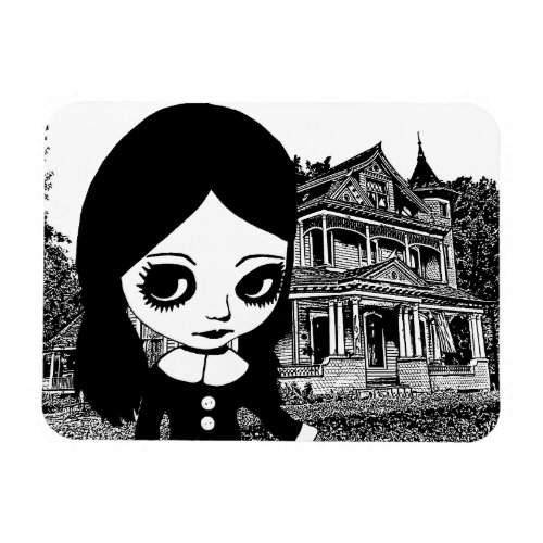 Big eye Goth girl Haunted house Original art  Magnet