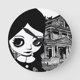 Big eye Goth girl Haunted house Original art Round Clock