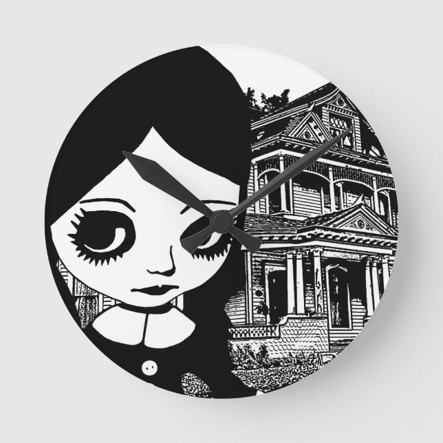 Big eye Goth girl Haunted house Original art  Round Clock (Front)