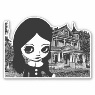 Big eye Goth girl Haunted house Original art Sticker