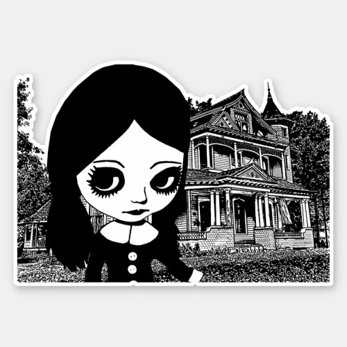 Big eye Goth girl Haunted house Original art  Sticker
