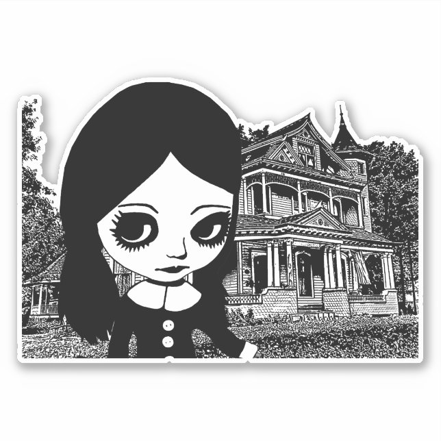 Big eye Goth girl Haunted house Original art  Sticker (Front)